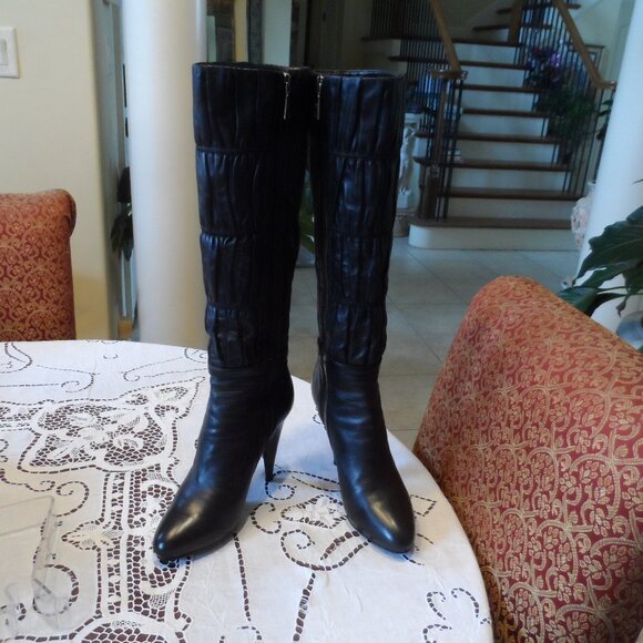 Prada Black Lamb Leather "Gaufre" Ruched Knee High Heeled Boots Size 37 1/2B - Picture 1 of 16